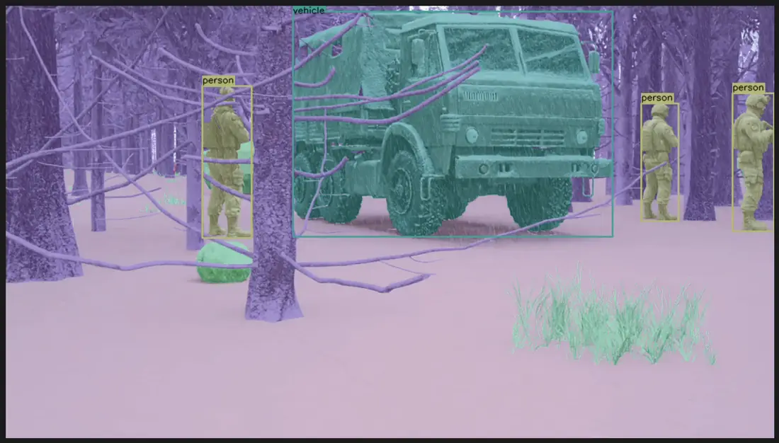 Snowbound forest with a truck and personnel segmented in low contrast.